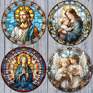 May include: Four stained glass round panels depicting religious figures. The first panel shows a man with a beard and long hair wearing a blue and red robe. The second panel shows a woman with long brown hair wearing a blue robe holding a child. The third panel shows a woman with long brown hair wearing a blue robe with her hands clasped in prayer. The fourth panel shows two children with wings wearing white robes holding flowers.