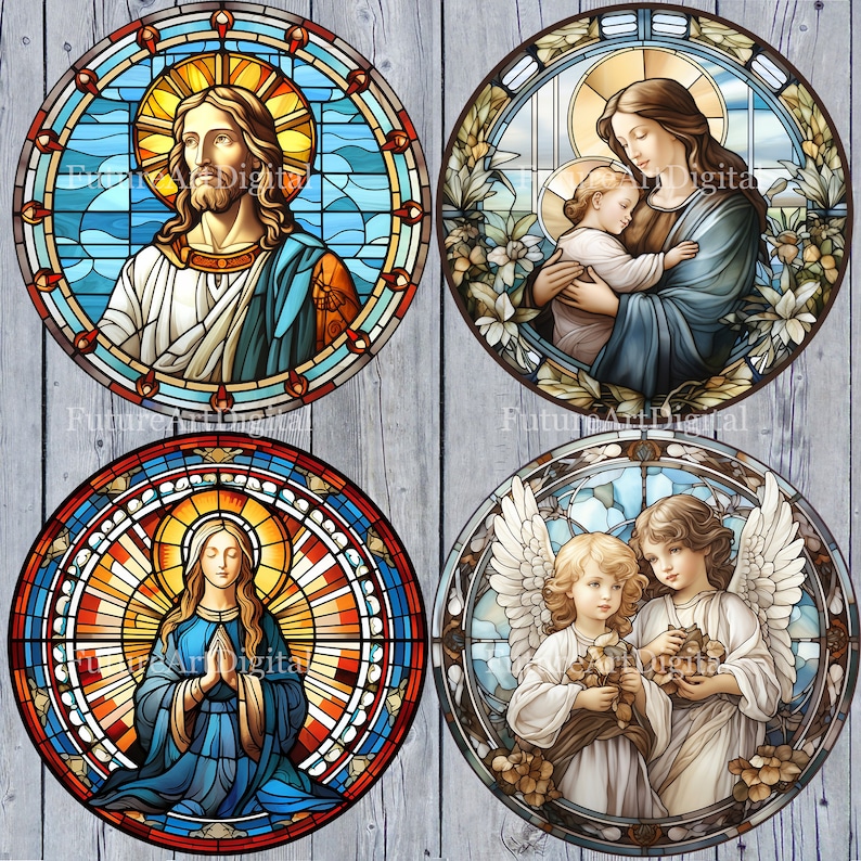May include: Four stained glass round panels depicting religious figures. The first panel shows a man with a beard and long hair wearing a blue and red robe. The second panel shows a woman with long brown hair wearing a blue robe holding a child. The third panel shows a woman with long brown hair wearing a blue robe with her hands clasped in prayer. The fourth panel shows two children with wings wearing white robes holding flowers.