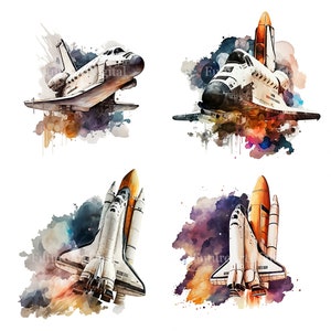Sublimation de la navette spatiale aquarelle PNG, vaisseau spatial des cliparts numérique, art mural imprimable navette spatiale