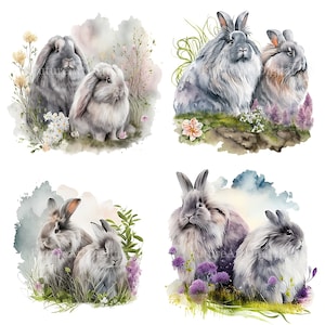 Watercolor Grey Angora Bunny Couple Sublimation Clipart, Angora Bunnies Digital Clipart, Angora Bunny Couple Printable Wall art