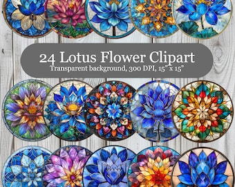 Stained Glass Lotus PNG Bundle, 24 Lotus Flower Digital Clipart, Round Stained Glass Lotus Coaster Sublimation PNG, Commercial Use