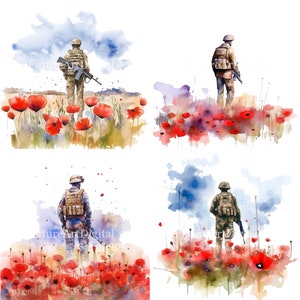 Soldado aquarela com clipart digital de papoula, arte de parede para impressão do Dia dos Veteranos, sublimação do Dia da Memória, PNG