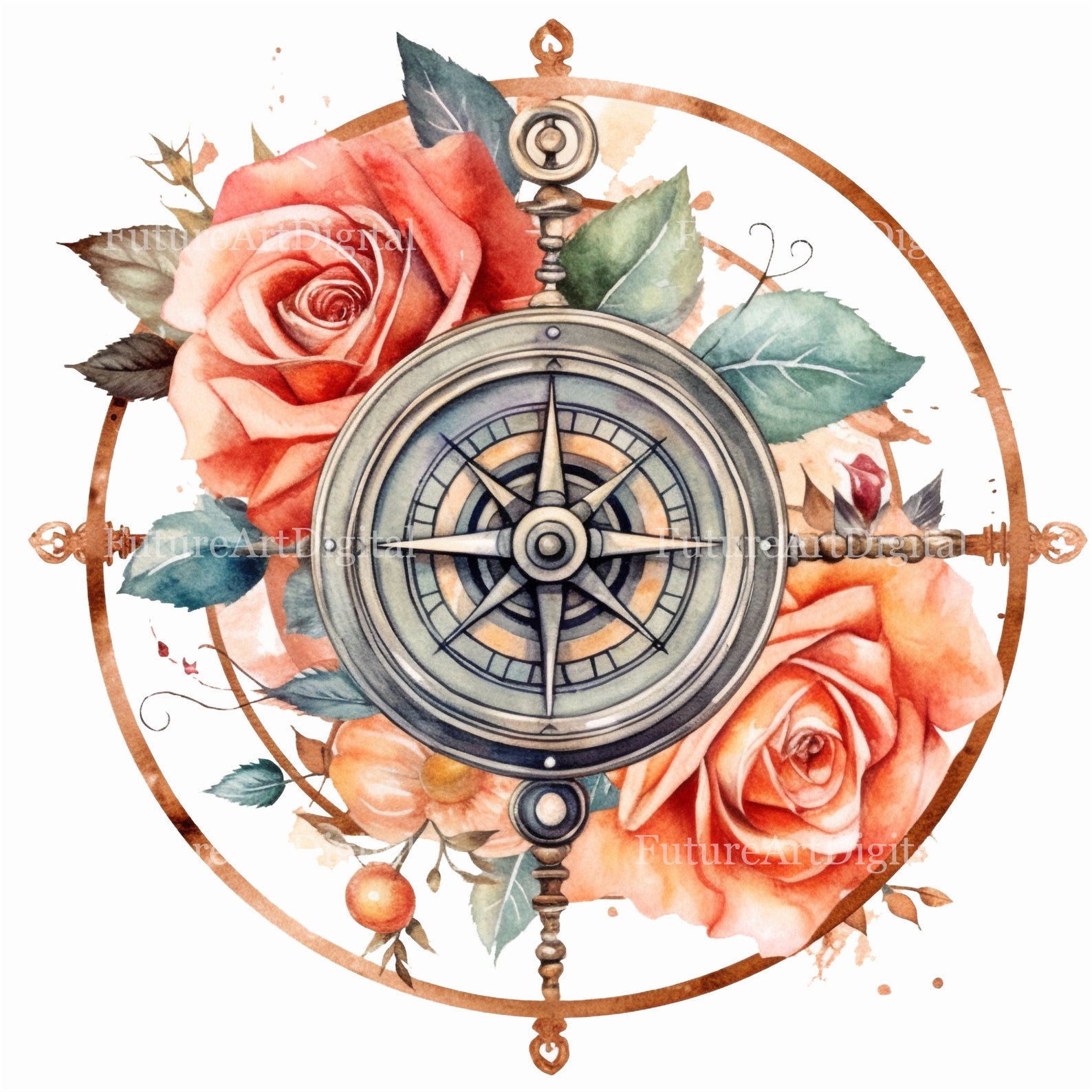 Watercolor Compass With Roses Sublimation PNG, Compass Digital Clipart ...