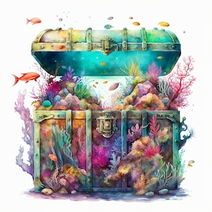 Baú de tesouro em aquarela PNG, vida marinha subaquática com baú de tesouro clipart digital, download digital de arquivo de sublimação