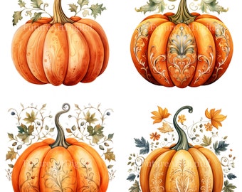 Könnte beinhalten: Vier Aquarellkürbisse mit aufwendigen Blumenmustern. Jeder Kürbis hat einen anderen Orangeton und ein einzigartiges Muster. Die Kürbisse sind von grünen Blättern und Ranken umgeben.