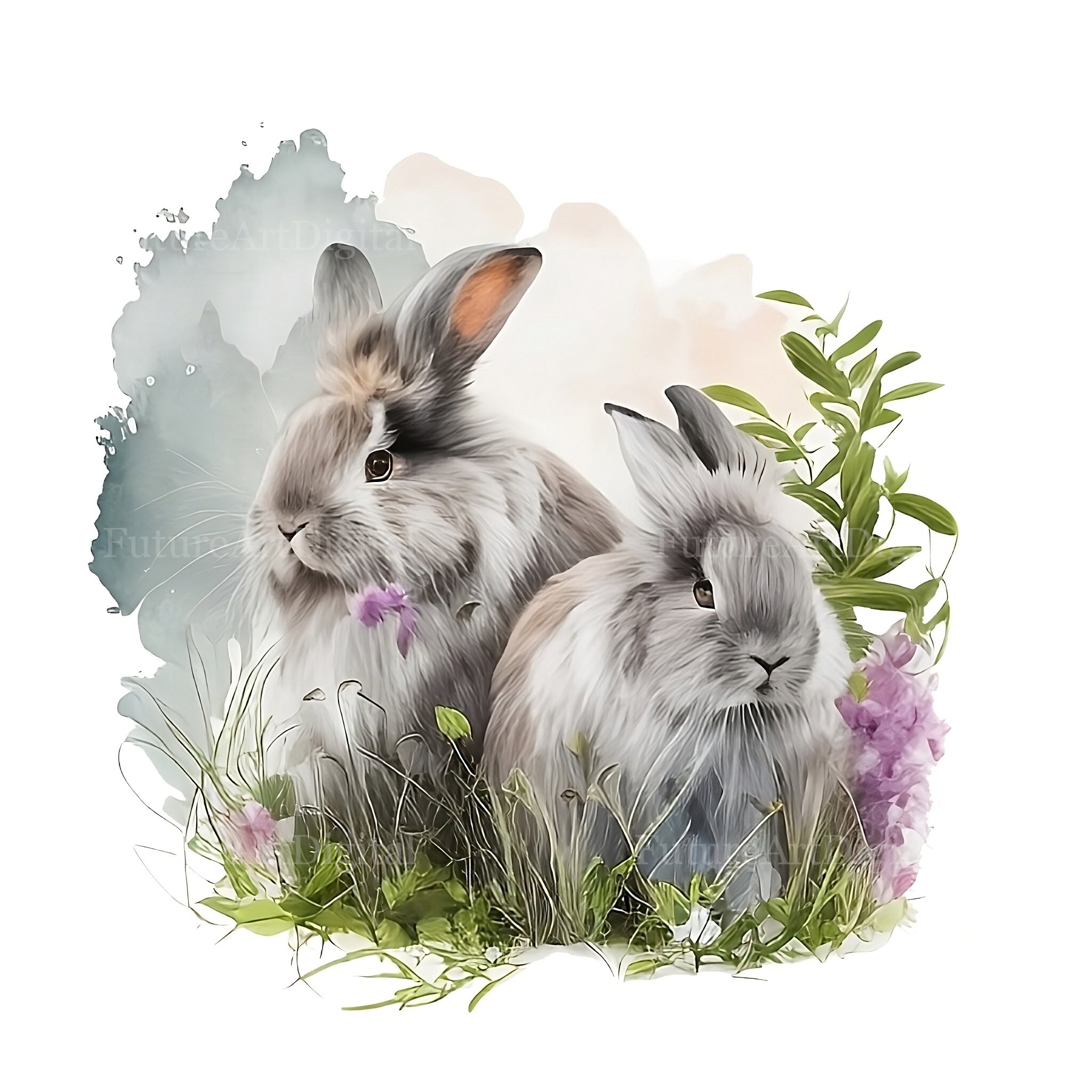 Watercolor Grey Angora Bunny Couple Sublimation Clipart, Angora Bunnies ...
