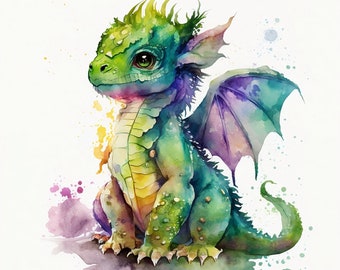 May include: A watercolor painting of a green and purple baby dragon with wings. The dragon is sitting on its hind legs with its wings spread out behind it. The background is a white watercolor wash with splashes of color.