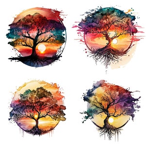 Watercolor Tree of Life with Sunset Sublimation PNG, Tree of Life Printable Wall art, Tree of Life Digital Clipart image 1