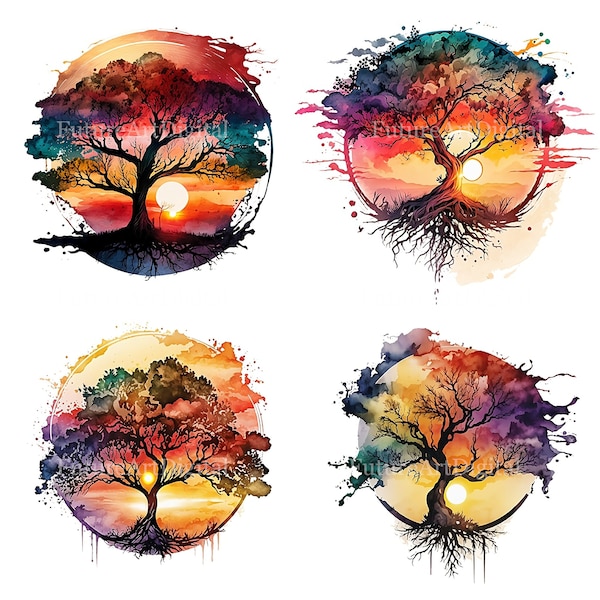 Aquarell Baum des Lebens mit Sonnenuntergang Sublimation PNG, Baum des Lebens druckbare Wandkunst, Baum des Lebens digitale Clipart