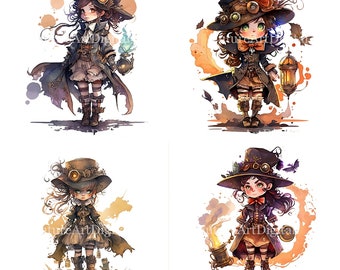 Watercolor Steampunk Girl Sublimation Clipart, Cute Steampunk Girl PNG, Steampunk Girl Printable Wall art