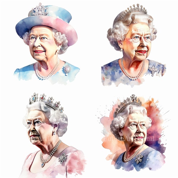 Watercolor Queen Elizabeth Digital Clipart,  Elizabeth II Printable Wall art, Queen of England Sublimation PNG