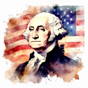 Aquarelle George Washington avec drapeau américain des cliparts numérique, George Washington sublimation PNG, art mural imprimable drapeau américain