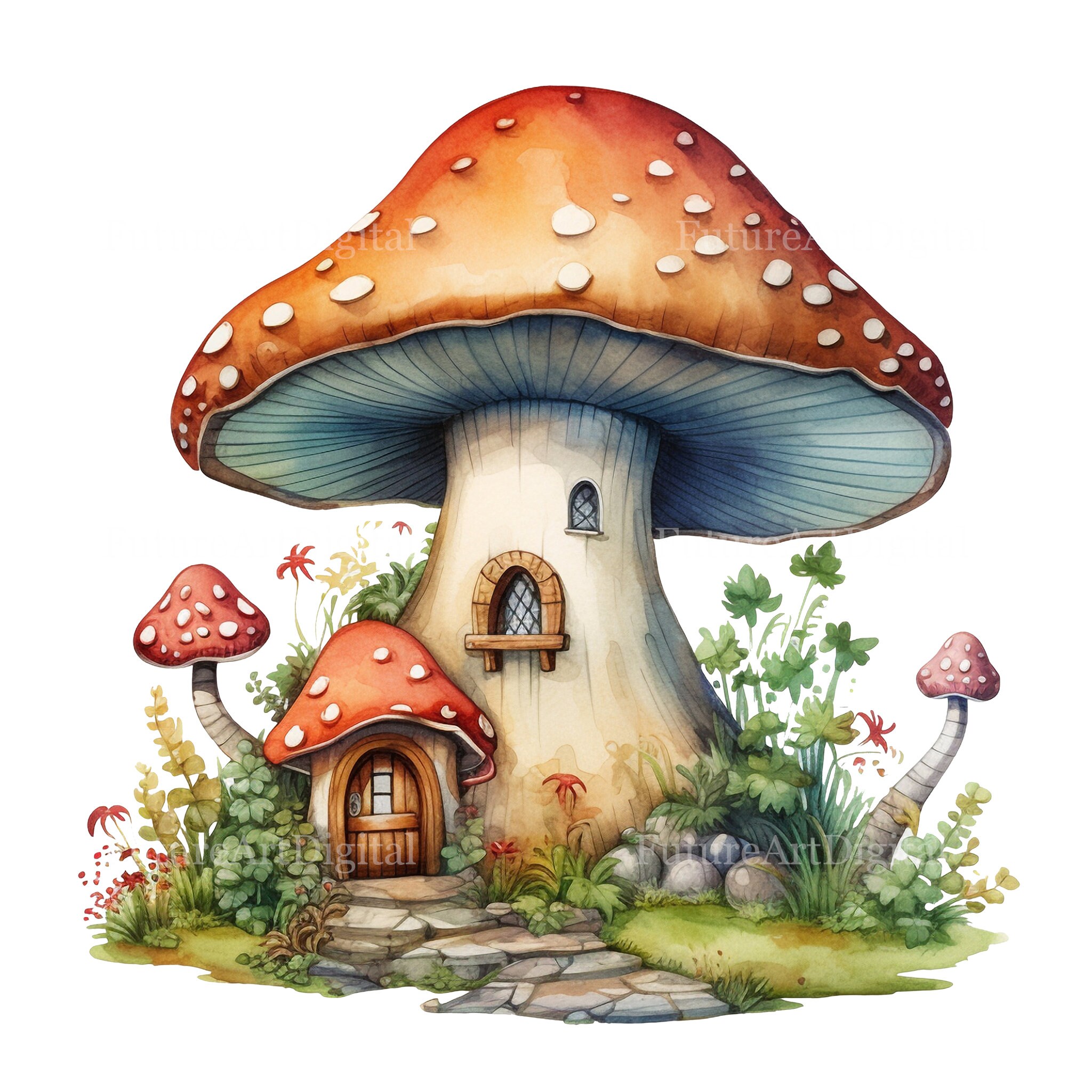 Set of 8 Watercolor Mushroom House Digital Clipart, Mushroom Fairy ...