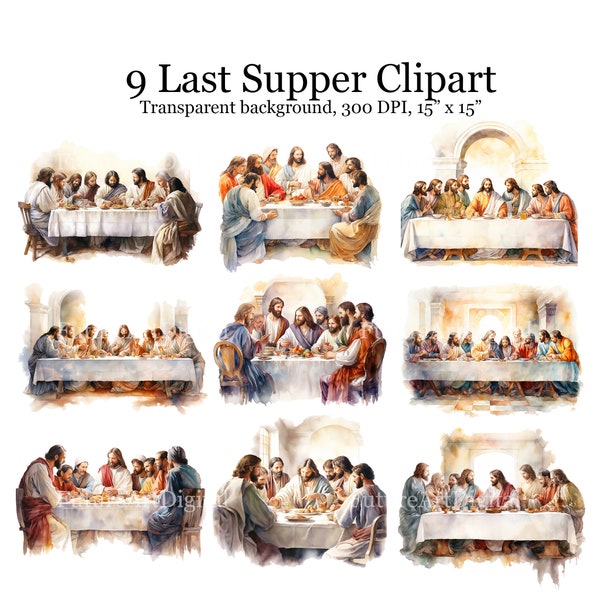 9 Watercolor Last Supper Digital Clipart, Jesus Printable Wall art, Last Supper Sublimation PNG, Transparent Digital Download