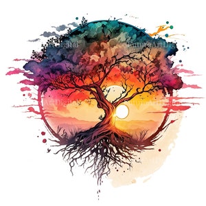 Watercolor Tree of Life with Sunset Sublimation PNG, Tree of Life Printable Wall art, Tree of Life Digital Clipart image 5