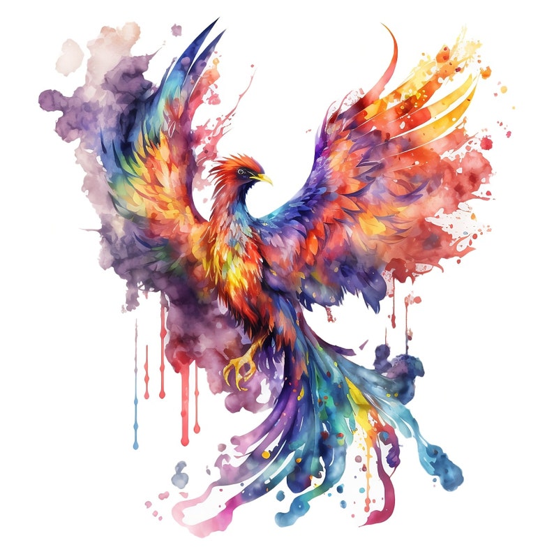 K&ouml;nnte beinhalten: Ein farbenfrohes Aquarellbild eines Ph&ouml;nix, der aus der Asche steigt. Der Ph&ouml;nix ist mit leuchtenden roten, orangefarbenen, gelben, blauen und violetten Federn dargestellt. Der Hintergrund ist ein weicher Aquarell-Wasch in Rosa, Lila und Blau.