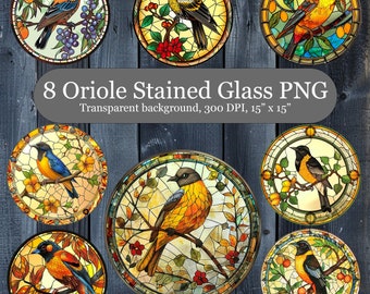 8 Stained Glass Oriole Digital Clipart, Oriole Sublimation Print, Stained Glass Oriole PNG