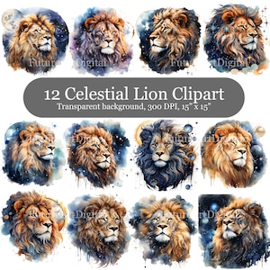 Paquete de imágenes prediseñadas del León Celestial de acuarela, PNG de sublimación de 12 León, imágenes prediseñadas del diario basura digital del León Celestial