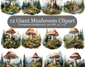 May include: Twelve digital illustrations of giant mushrooms in a forest setting. Each mushroom is depicted with a brown cap and white stem, surrounded by green foliage and trees. The illustrations are on a transparent background.