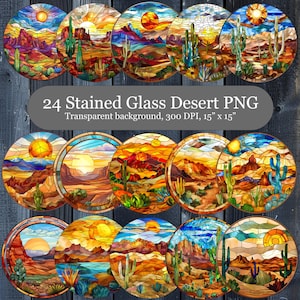 Paquete de imágenes prediseñadas de sublimación de vidrieras del desierto de cactus, 24 PNG de alta calidad, vidrieras falsas, patrón de camiseta, uso comercial