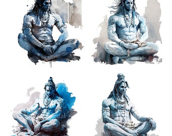May include: Four watercolor paintings of Shiva, a Hindu deity, in a meditative pose. Each painting features Shiva with a third eye, long hair, and a blue body. The paintings are set against a white background.