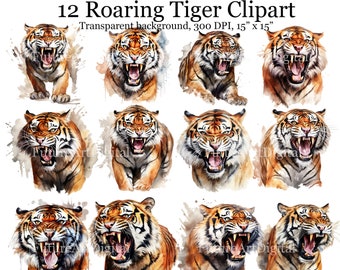 12 Watercolor Roaring Tiger Printable Wall art, Angry Tiger Digital Clipart, Tiger Sublimation PNG, Digital Download
