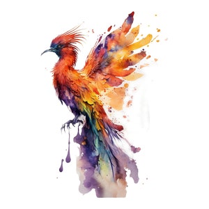 K&ouml;nnte beinhalten: Ein Aquarellbild eines bunten Vogels mit ausgebreiteten Fl&uuml;geln. Der Vogel ist in Orange-, Rot-, Gelb-, Gr&uuml;n- und Violettt&ouml;nen gemalt. Der Hintergrund ist wei&szlig; mit Spritzern von Aquarellfarbe.