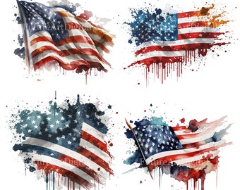 Aquarell amerikanische Flagge Digital Clipart, USA Flagge druckbare Wandkunst, amerikanische Flagge Sublimation PNG, Vaterländische Wanddekor