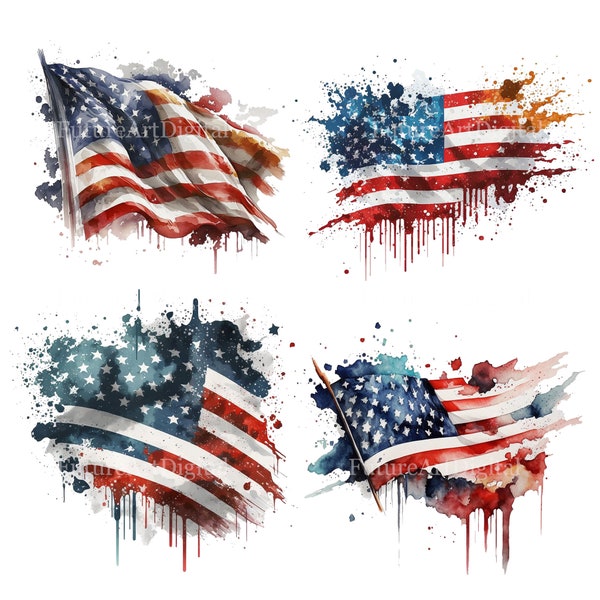 Watercolor American Flag Digital Clipart, USA Flag Printable Wall art, American Flag Sublimation PNG, Patriotic Wall decor