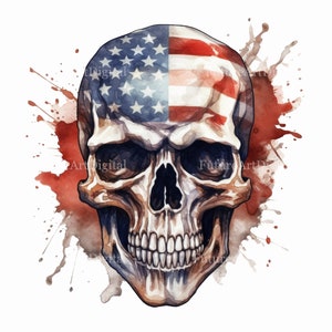 Teschio ad acquerello con clipart digitale bandiera americana, arte da parete stampabile bandiera americana, teschio con sublimazione bandiera Usa PNG