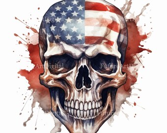 Watercolor Skull with American Flag Digital Clipart, American Flag Printable Wall art, Skull with Usa Flag Sublimation PNG