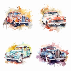Watercolor Vintage Car Sublimation PNG, Retro Car Digital Clipart, Vintage Cars Printable Wall art, Digital Download