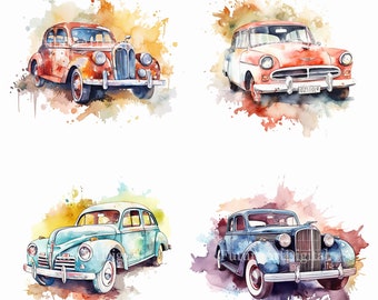 Sublimación de coches vintage de acuarela PNG, imágenes prediseñadas digitales de coches retro, arte de pared imprimible de coches antiguos, descarga digital
