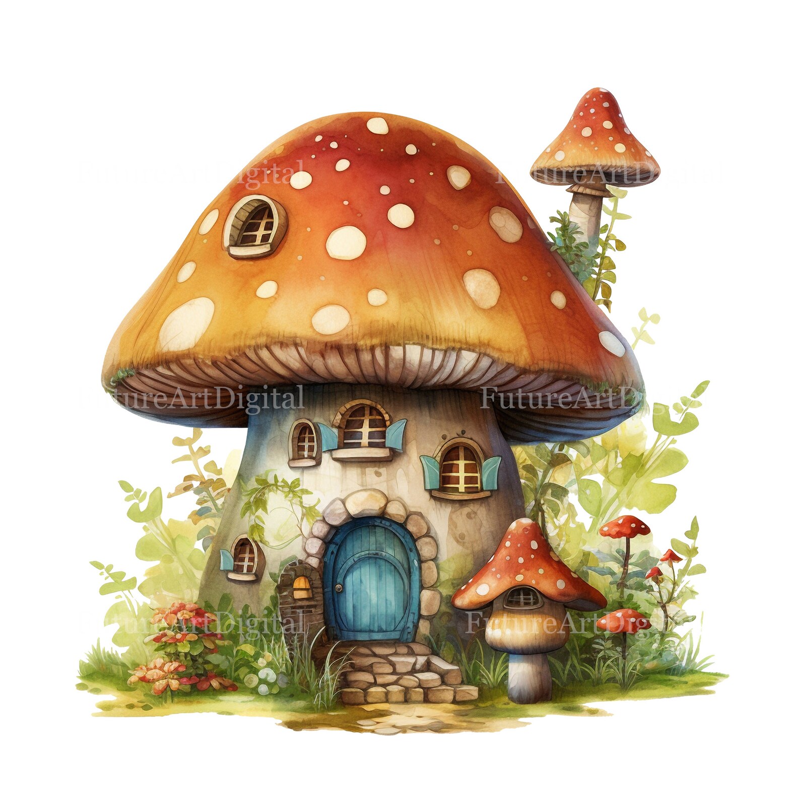 Set of 8 Watercolor Mushroom House Digital Clipart, Mushroom Fairy ...