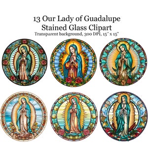 13 vetrate colorate Nostra Signora di Guadalupe Digital Clipart, sublimazione religiosa delle vetrate PNG, arte murale stampabile di Nostra Signora di Guadalupe