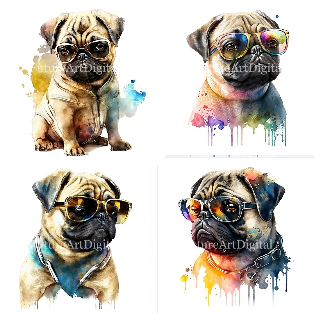 Watercolor Pug Puppy in Sunglasses PNG, Pug Puppy Digital Clipart, Pug ...