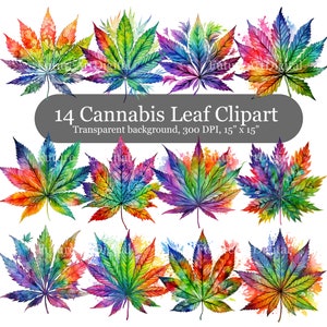 14 clipart digital de folha de cannabis em aquarela, sublimação de folha de maconha colorida PNG, arte de parede para impressão de folha de erva daninha