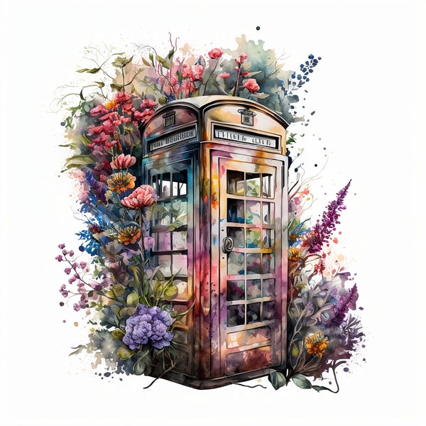 Watercolor Phone Booth PNG, Phone Box Digital Clipart, Phone Booth Sublimation PNG, Digital Download