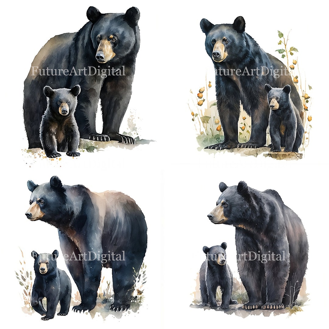 Watercolor Black Bear Mom and Baby PNG, Black Bear Family Digital ...
