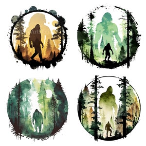 Aquarell Bigfoot mit Wald digitale Clipart, Bigfoot Sublimation Clipart, Bigfoot druckbare Wandkunst, digitaler Download