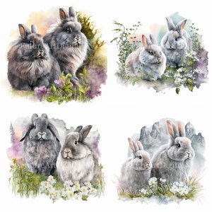 Watercolor Grey Angora Bunny Couple Digital Clipart, Angora Bunnies Printable Wall decor, Angora Bunny Couple Sublimation Clipart