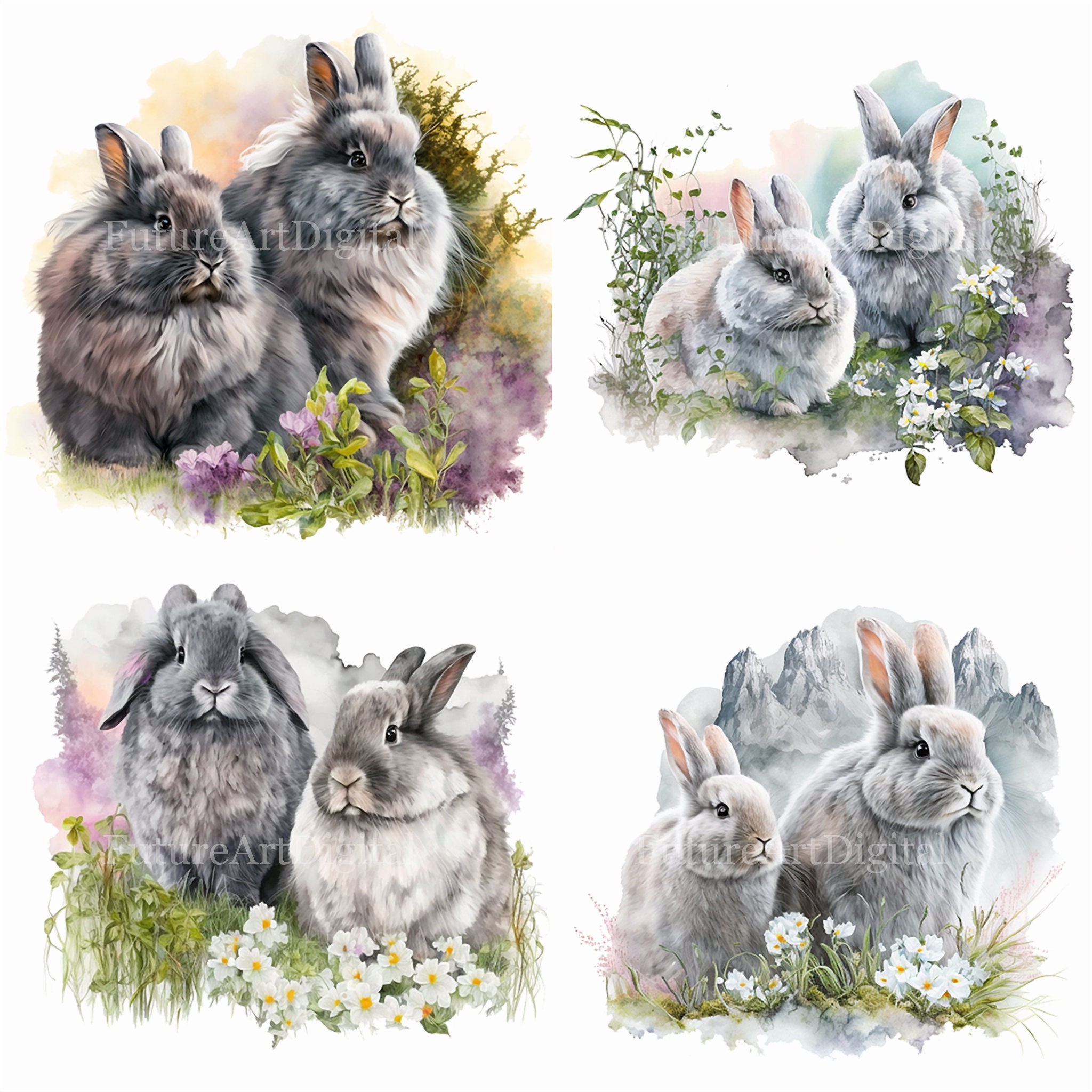 Watercolor Grey Angora Bunny Couple Digital Clipart, Angora Bunnies ...