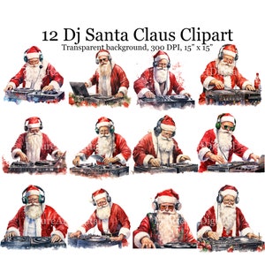 12 aquarel Dj Santa digitale clipart, grappige kerstman afdrukbare muurkunst, moderne kerstsublimatie PNG