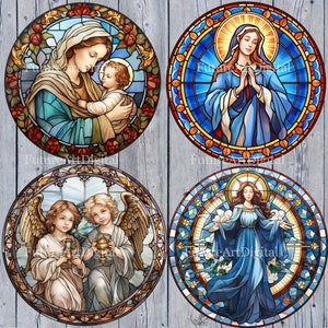 May include: Four round stained glass panels depicting religious scenes. The first panel shows a woman holding a child. The second panel shows a woman with her hands clasped in prayer. The third panel shows two angels with wings. The fourth panel shows a woman with her arms outstretched.