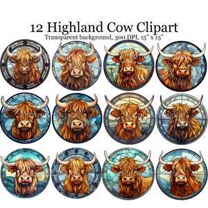 12 Stained Glass Highland Cow Clipart, Transparent Highland Cow Printable Wall art, Highland Cow Sublimation PNG