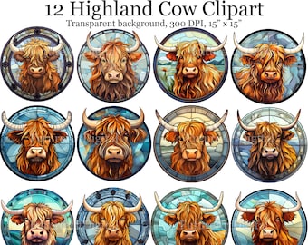 12 Stained Glass Highland Cow Clipart, Transparent Highland Cow Printable Wall art, Highland Cow Sublimation PNG
