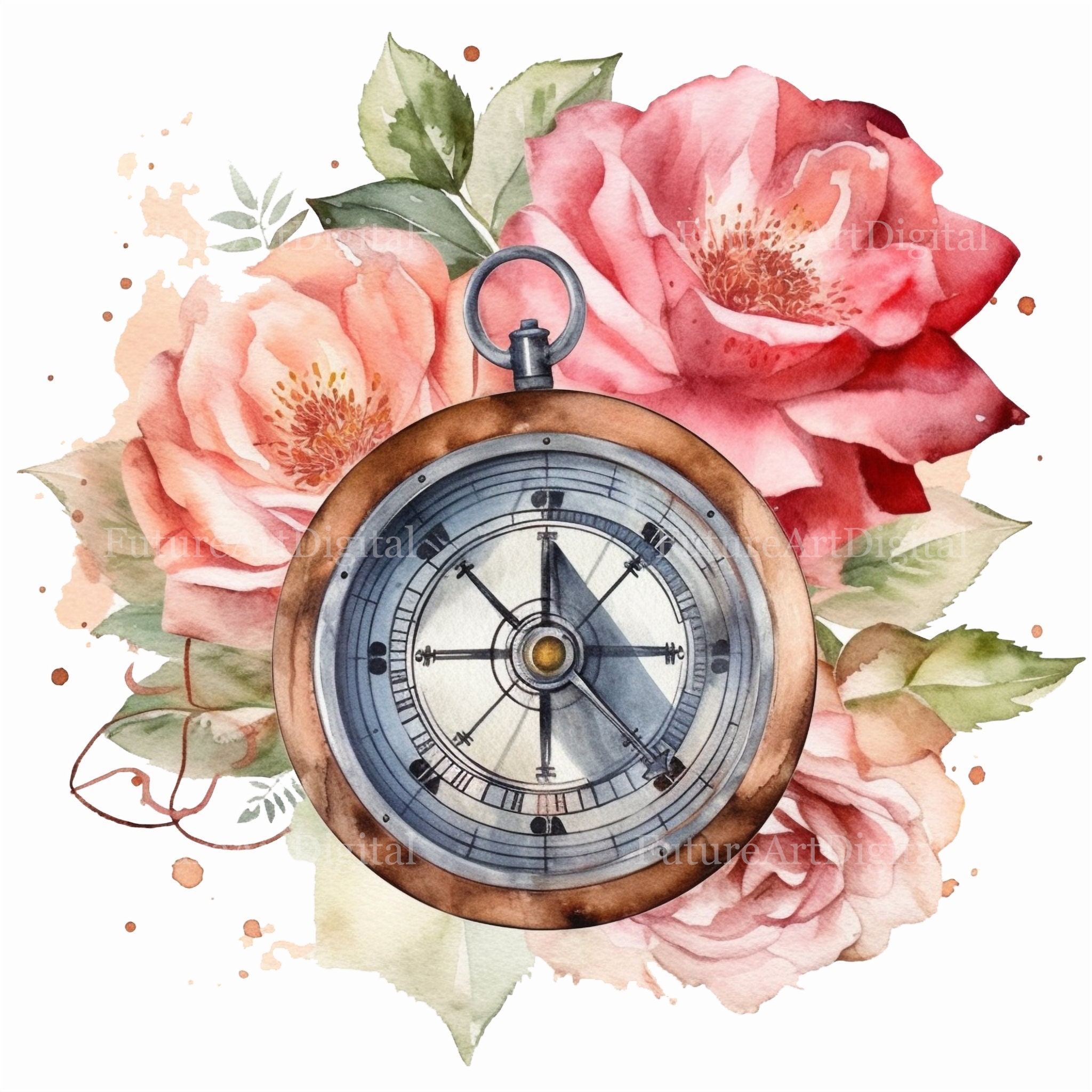 Watercolor Compass With Roses Sublimation PNG, Compass Digital Clipart ...