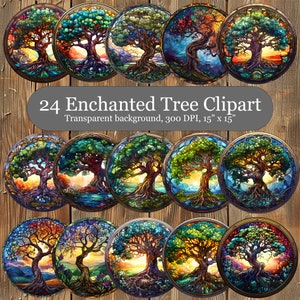 May include: Set of 24 digital clipart images featuring colorful, intricate stained glass style tree designs. Each image is a circle with a transparent background and measures 15 inches by 15 inches.