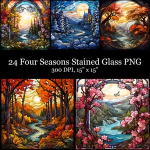 May include: Four stained glass window designs depicting the four seasons. Each design features a river flowing through a landscape with a different color palette for each season. The designs are 15 inches by 15 inches and 300 DPI.