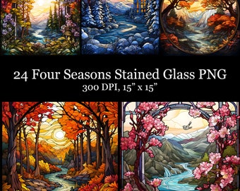 Stained Glass Seasons Clipart Bundle, 4 Seasons Tumble Wrap PNG, Winter Clipart, Summer Clipart, Spring Clipart, Fall Clipart, Sublimation